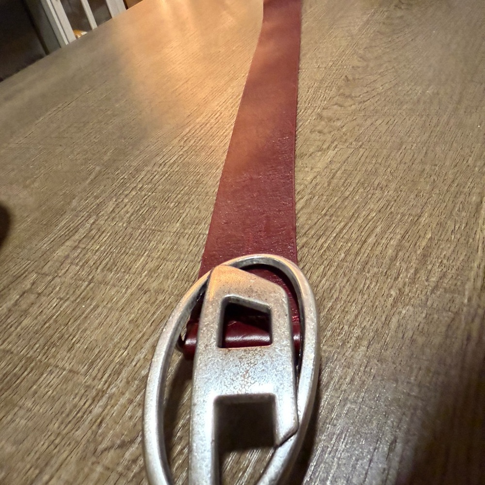 Diesel Burgundy Leather Belt with Metallic Buckle